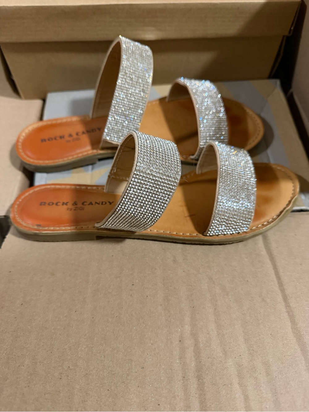 Rock & Candy Silver Crystal Double-Strap Slide Sandals